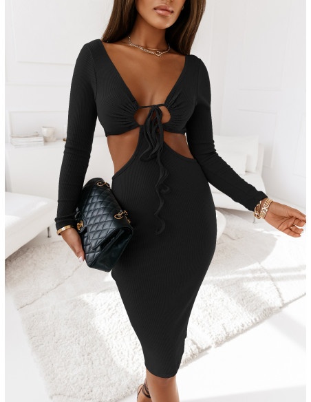 Prążkowana midi sukienka z wycięciami LUCA - czarna