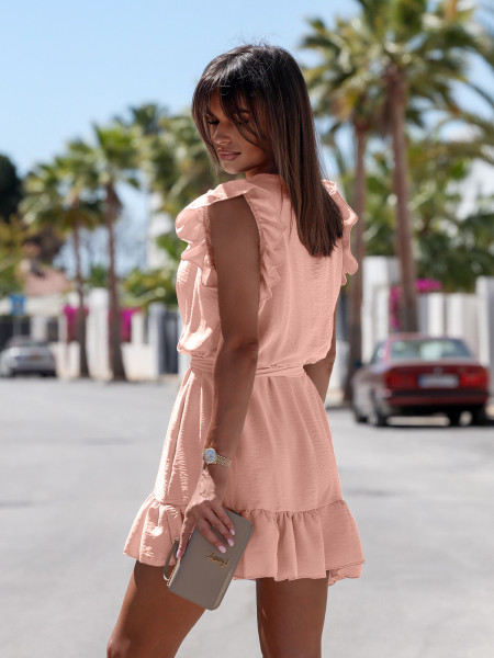 Sukienka mini z kopertowym dekoltem PAOLA - pudrowy róż