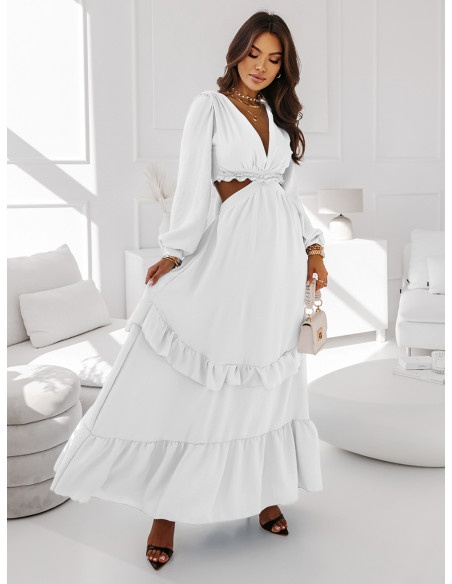 Sukienka maxi z wycięciami i falbanami ALJANA - biała