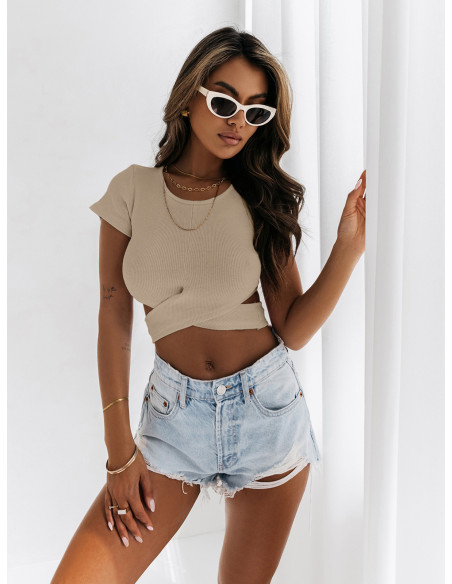 Bawełniana bluzka crop top z wycięciami CORTES - beżowa