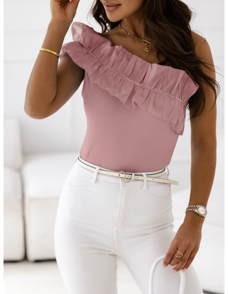 Bluzka na jedno ramię z falbaną RUFFLE - brudny róż