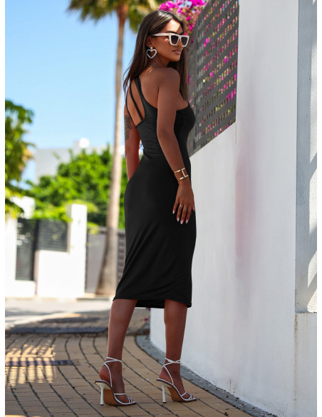 Elegancka midi sukienka na jedno ramię CAPRI - czarna