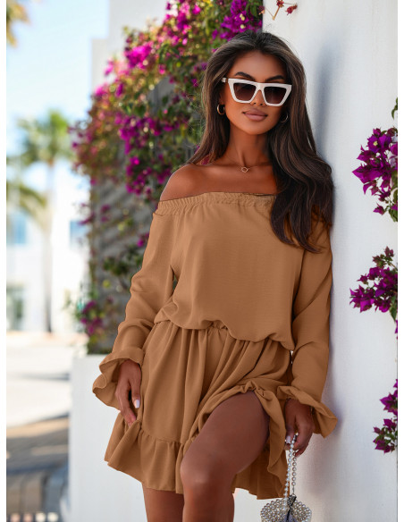 Rozkloszowana sukienka hiszpanka ALISA - ciemny beż