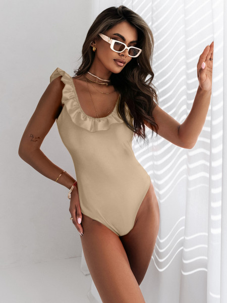Jednoczęściowy strój kąpielowy z falbanką - ROYAL - beżowy