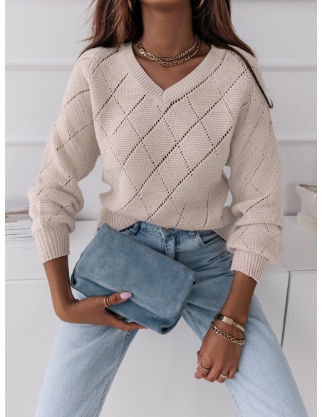 Ażurowy sweter w romby ROSA - beżowy