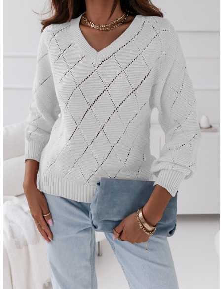 Ażurowy sweter w romby ROSA - biały