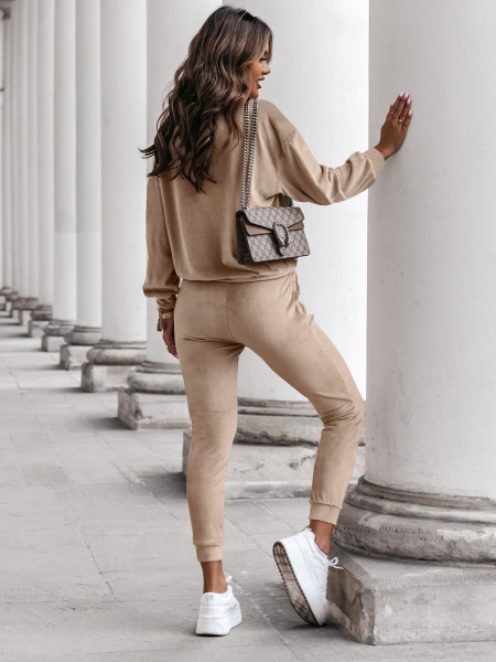 Welurowy dres spodnie + bluza BELLUS - beżowy 2
