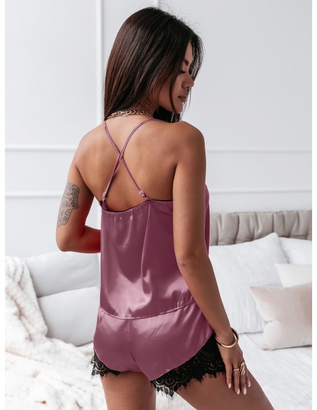 Satynowy komplet piżama top+spodenki - PASSION - liliowy
