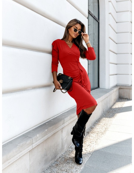 Elegancka sukienka midi z falbankami - SELAVI - czerwona