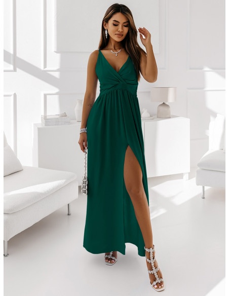 Maxi sukienka z rozcięciem - LEIA - butelkowa zieleń