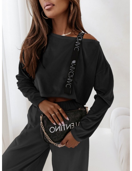 Welurowy dres szerokie spodnie + bluza KAMARI - czarny