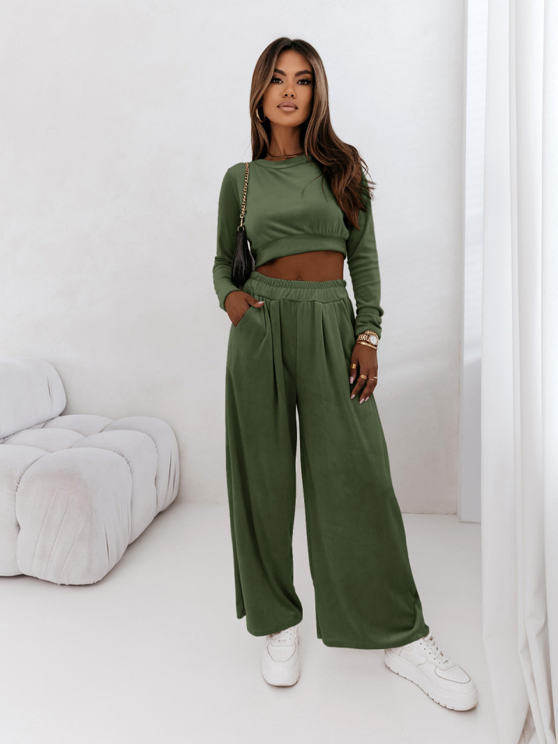 Welurowy dres szerokie spodnie + bluza URREZA - butelkowa zieleń