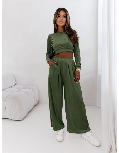 Welurowy dres szerokie spodnie + bluza URREZA - butelkowa zieleń