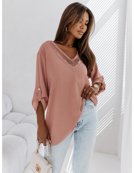copy of Koszulowa bluzka z ozdobnym dekoltem LEAH - brudny róż