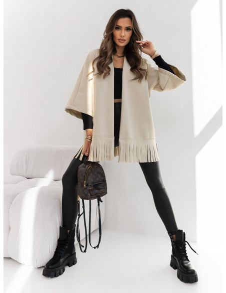 Pończo z ozdobnymi frędzlami SAMIA -beżowy