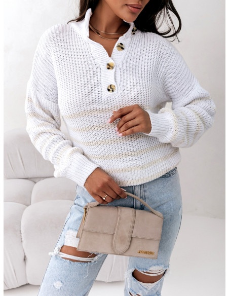 Klasyczny sweter w paski z guzikiami NUR - beżowy