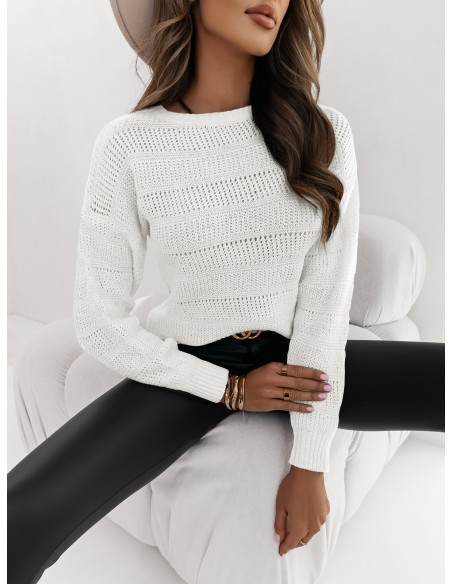 Klasyczny sweter z ażurowym wzorem ISOBEL - biały