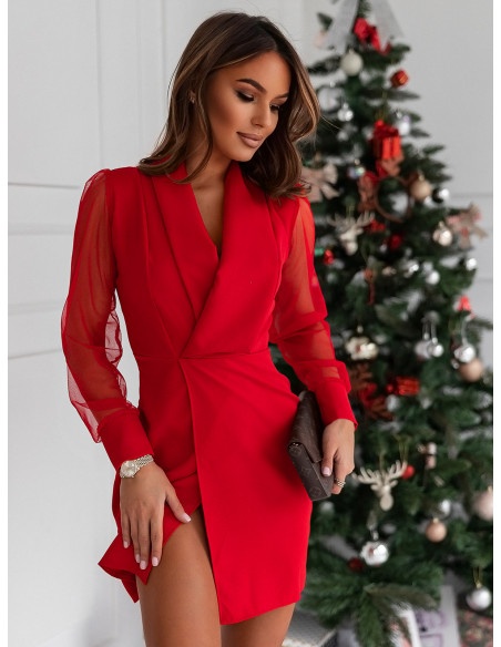 Elegancka sukienka z tiulowym rękawem - DIONA - czerwona