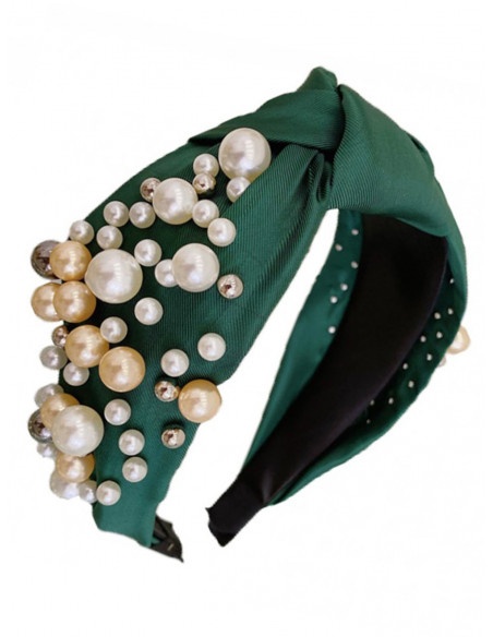 Opaska turban z materiału z perełkami - butelkowa zieleń