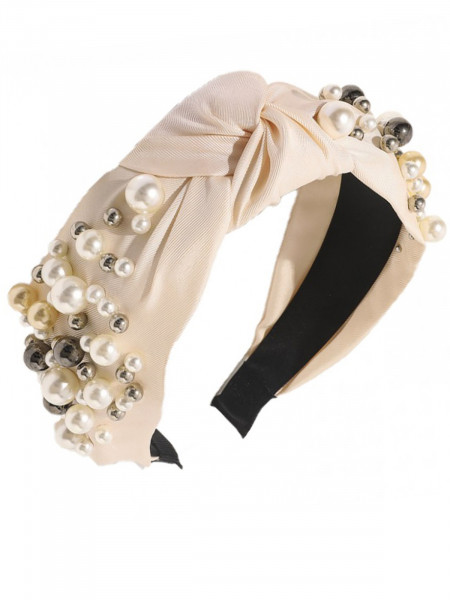 Opaska turban z materiału z perełkami - beżowa