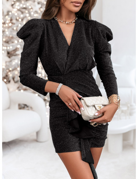 Brokatowa sukienka z falbaną i bufkami ZEINA - czarna