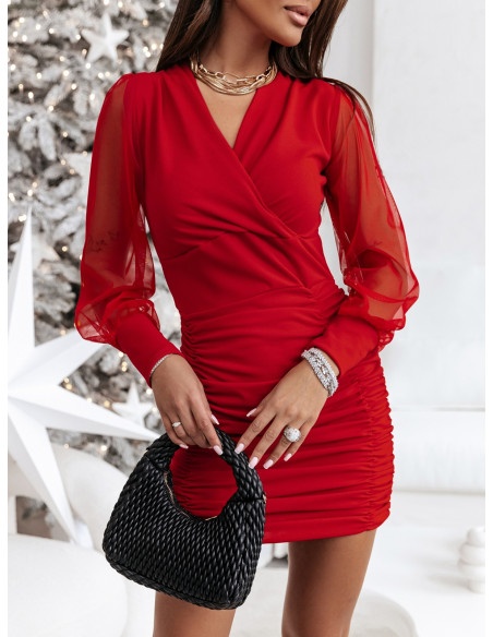 Sukienka mini z tiulowym rękawem COLINA - czerwona