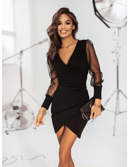 Sukienka mini z tiulowymi rękawami - TULLA - czarna