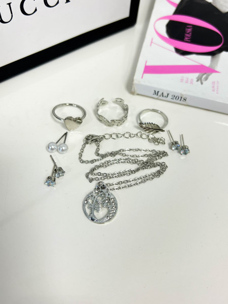 Zestaw biżuterii z motywem drzewka- srebrny