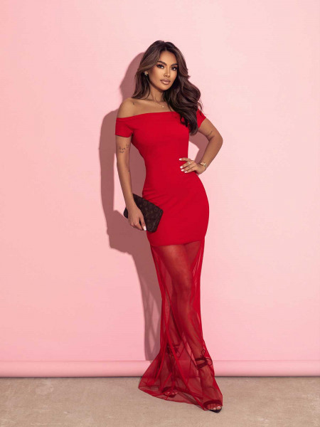 Sukienka z opuszczonymi ramionami i tiulem REVA - czerwona