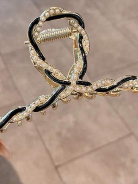 Stylowa klamra z perełkami - czarna