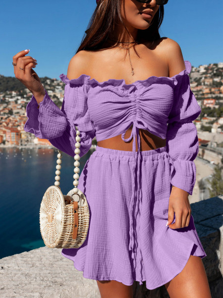 Muślinowy komplet bluzka i spodenki - KORSO - lila 2