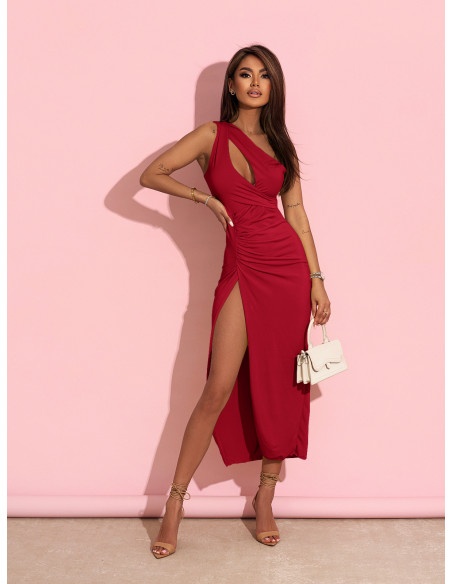 Elegancka midi sukienka na jedno ramię ATHENA - czerwona