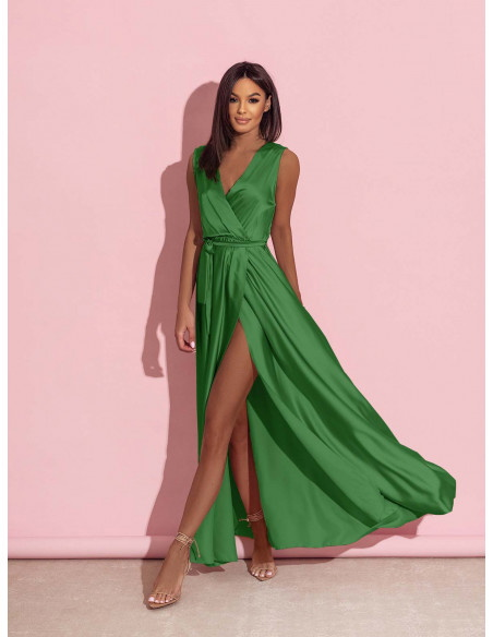 Elegancka maxi sukienka z rozcięciem FREYA - butelkowa zieleń