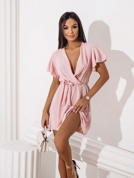 Zwiewna sukienka z kopertowym dekoltem ALICJA - pudrowy róż