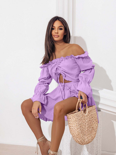 Muślinowy komplet bluzka i spodenki - KORSO - lila