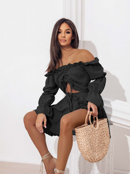 Muślinowy komplet bluzka i spodenki - KORSO - czarny 2