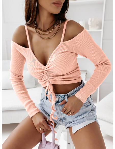 Prążkowana bluzka z marszczeniem - VANILA - pudrowy róż