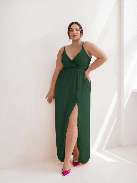 Maxi sukienka z rozcięciem PLUS SIZE - LEIA - butelkowa zieleń 2