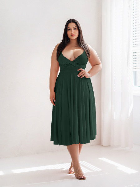 Sukienka midi PLUS SIZE na ramiączkach AGNES - butelkowa zieleń