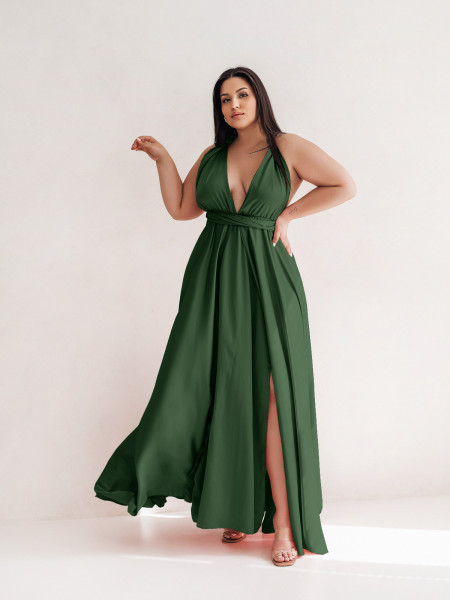 Sukienka PLUS SIZE maxi wiązana na wiele sposobów IMPERIA - butelkowa zieleń