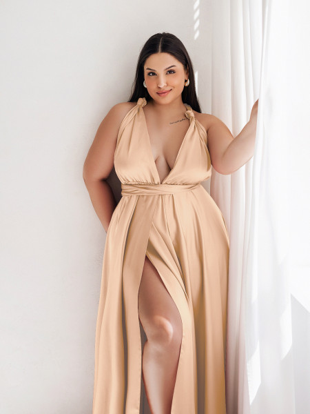 Sukienka PLUS SIZE maxi wiązana na wiele sposobów IMPERIA - beżowa