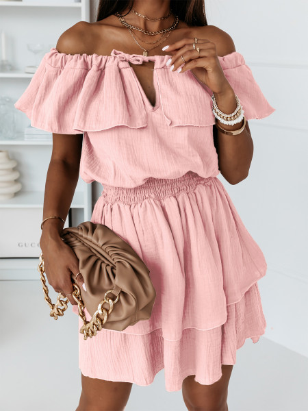 Modna muślinowa sukienka hiszpanka IZYDORA - pudrowy róż