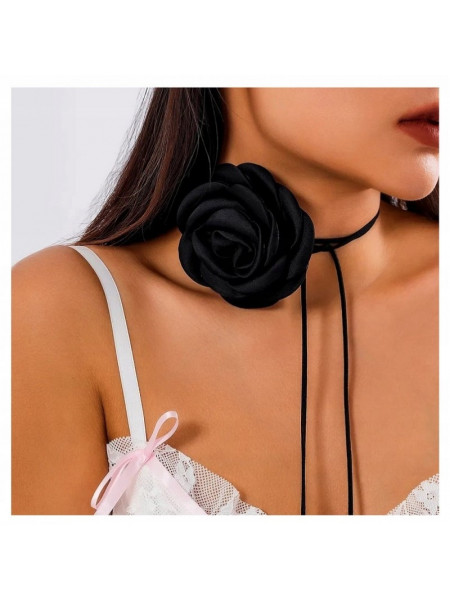 Naszyjnik choker na rzemyku z różą XL - czarny