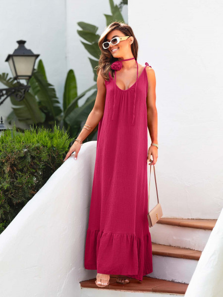 Muślinowa maxi sukienka z ozdobną różą MONNA - fuksjowa