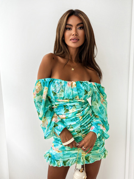 Marszczona sukienka hiszpanka w kwiaty INDRA - turkusowa 2