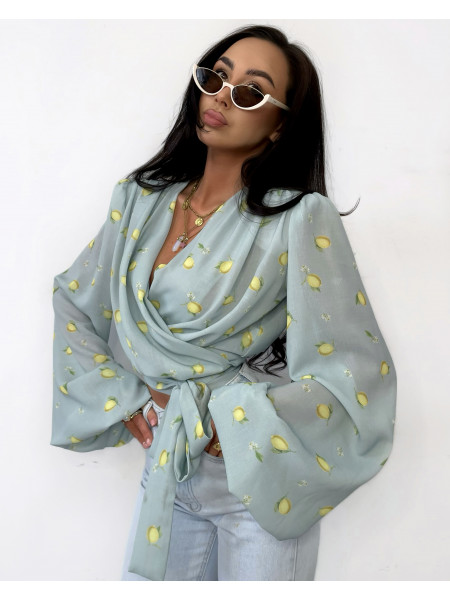 Bluzka wiązana z przekładanym dekoltem LEMON - miętowa 2