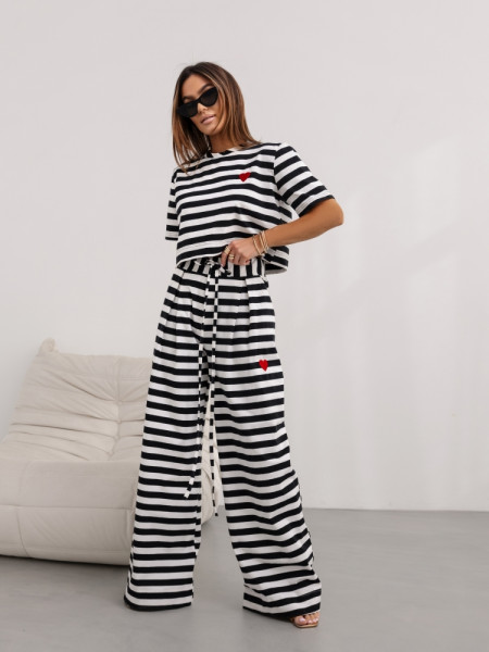 Krótka bawełniana bluzka w paski VEDA - czarno-biała