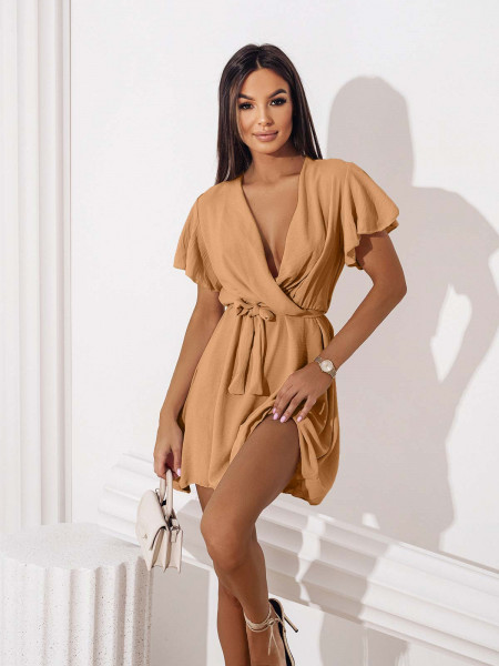 Zwiewna sukienka z kopertowym dekoltem ALICJA - ciemny beż
