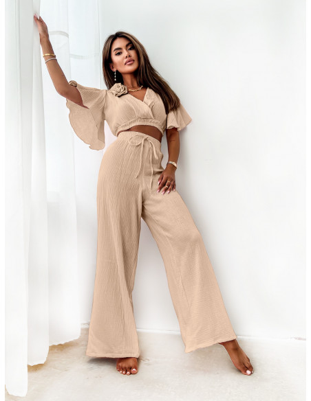Muślinowy komplet crop top ze spodniami SAMBA - beżowy