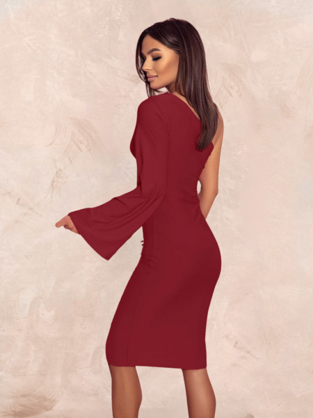 Dopasowana sukienka na jedno ramię EZALI - bordowa 2